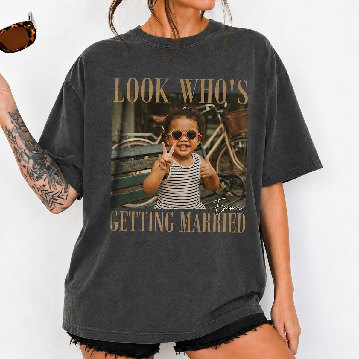 Comfort Colors Look Who’s Getting Married Shirt, Personalized Wedding Shirt Bridal Shower Gift Bachelorette Tee, Custom Bride Photo and Name