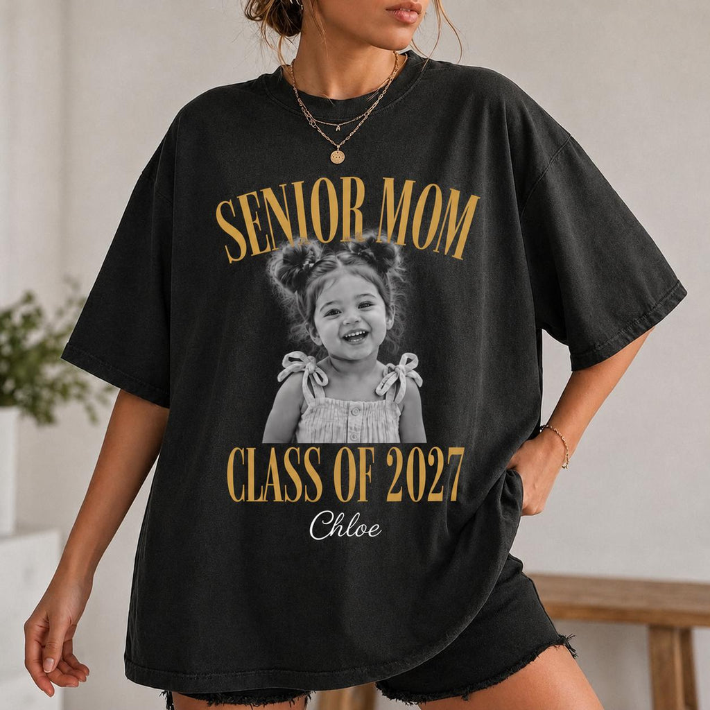 Retro Senior Mom 2027 Shirt, Custom Photo Comfort Colors Tee, Class of 2027 Graduation Gift, Proud Family Matching Shirts