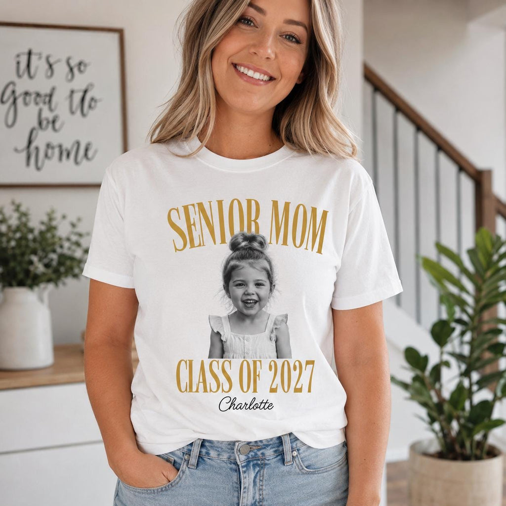 Retro Senior Mom 2027 Shirt, Custom Photo Comfort Colors Tee, Class of 2027 Graduation Gift, Proud Family Matching Shirts