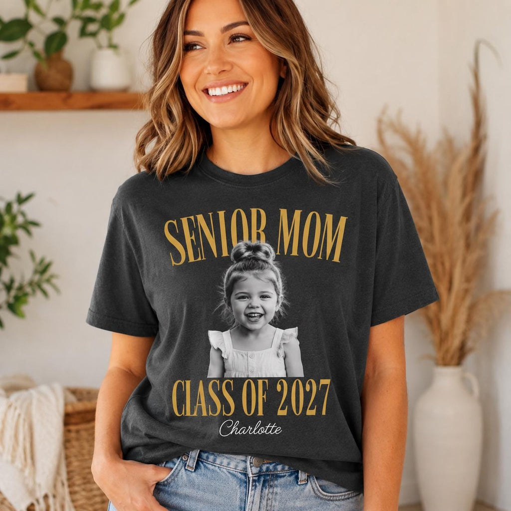 Retro Senior Mom 2027 Shirt, Custom Photo Comfort Colors Tee, Class of 2027 Graduation Gift, Proud Family Matching Shirts