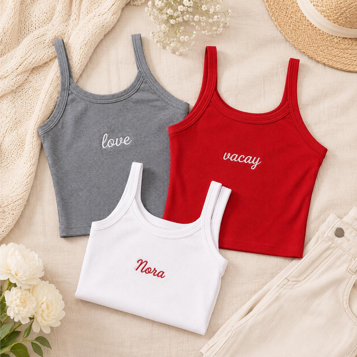 Custom Embroidered Crop Tank Top, Personalized Ribbed Baby Tee, Custom Text Women’s Summer Shirt, Girls Trip and Bachelorette Gift