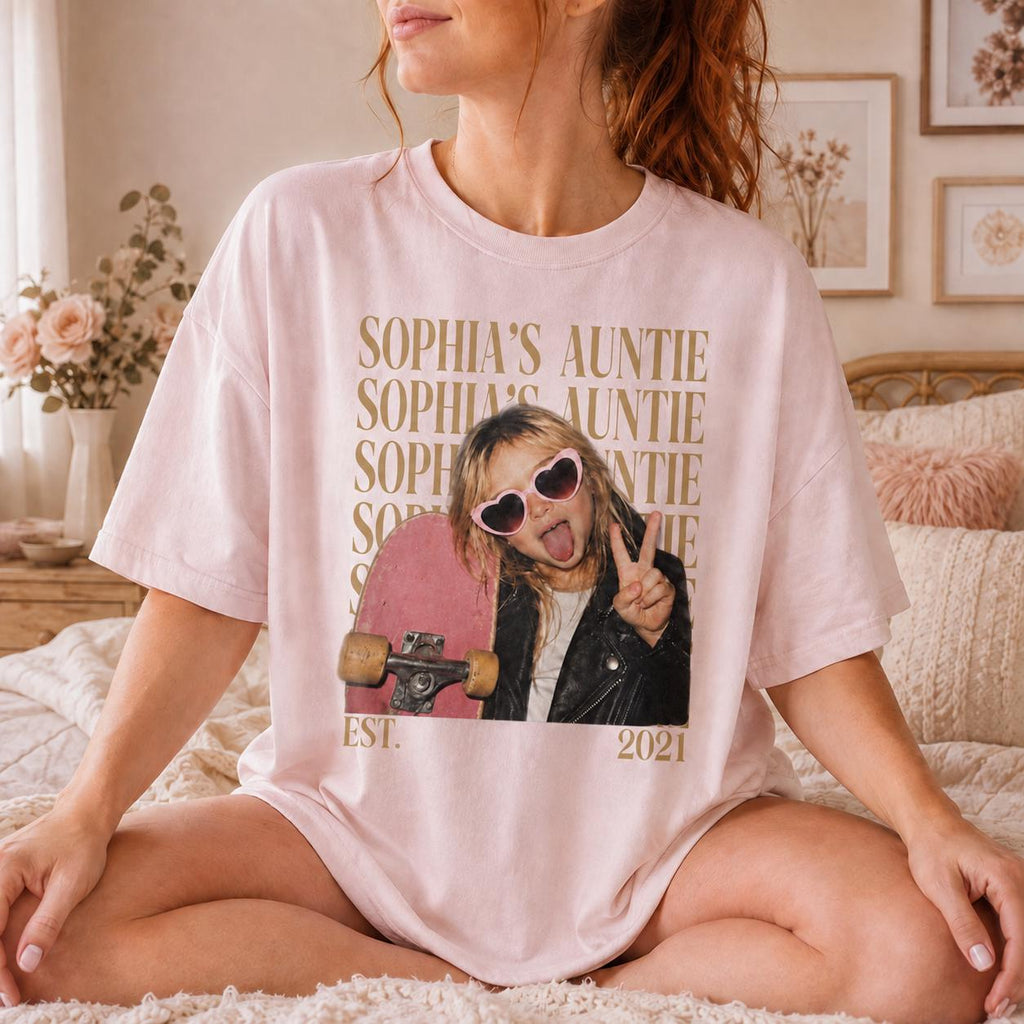 Personalized Vintage Auntie Tee with Name & Est Year, Custom Auntie Photo Shirt, Custom Picture T-Shirt, Gift for Aunt