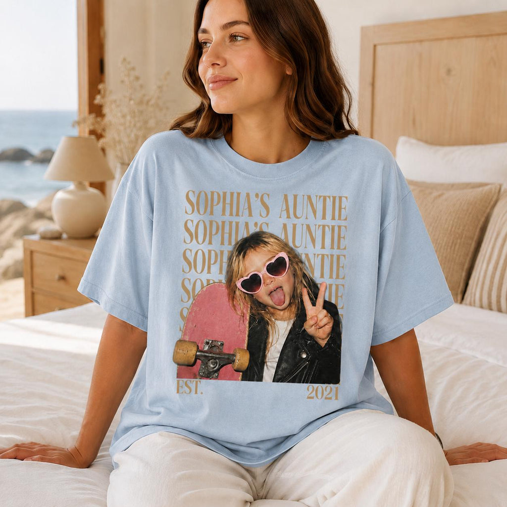 Personalized Vintage Auntie Tee with Name & Est Year, Custom Auntie Photo Shirt, Custom Picture T-Shirt, Gift for Aunt
