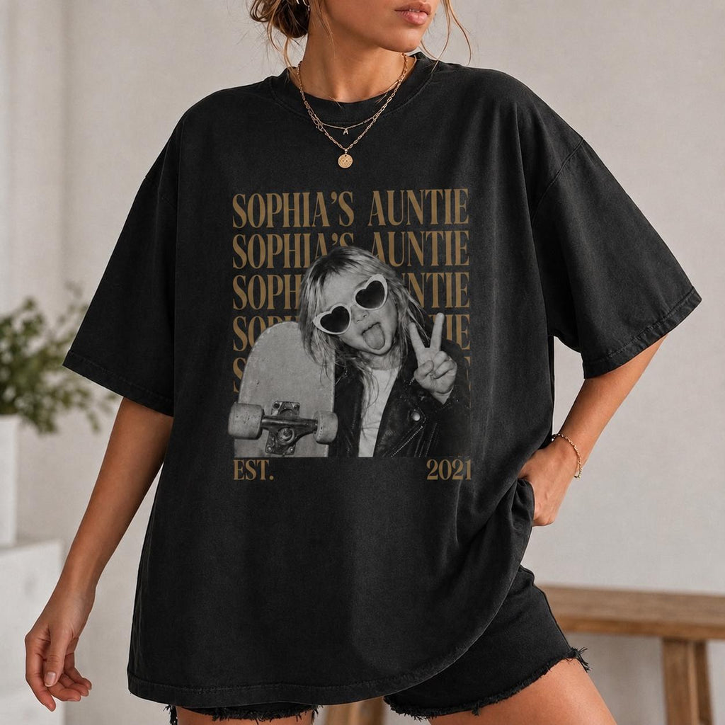 Personalized Vintage Auntie Tee with Name & Est Year, Custom Auntie Photo Shirt, Custom Picture T-Shirt, Gift for Aunt