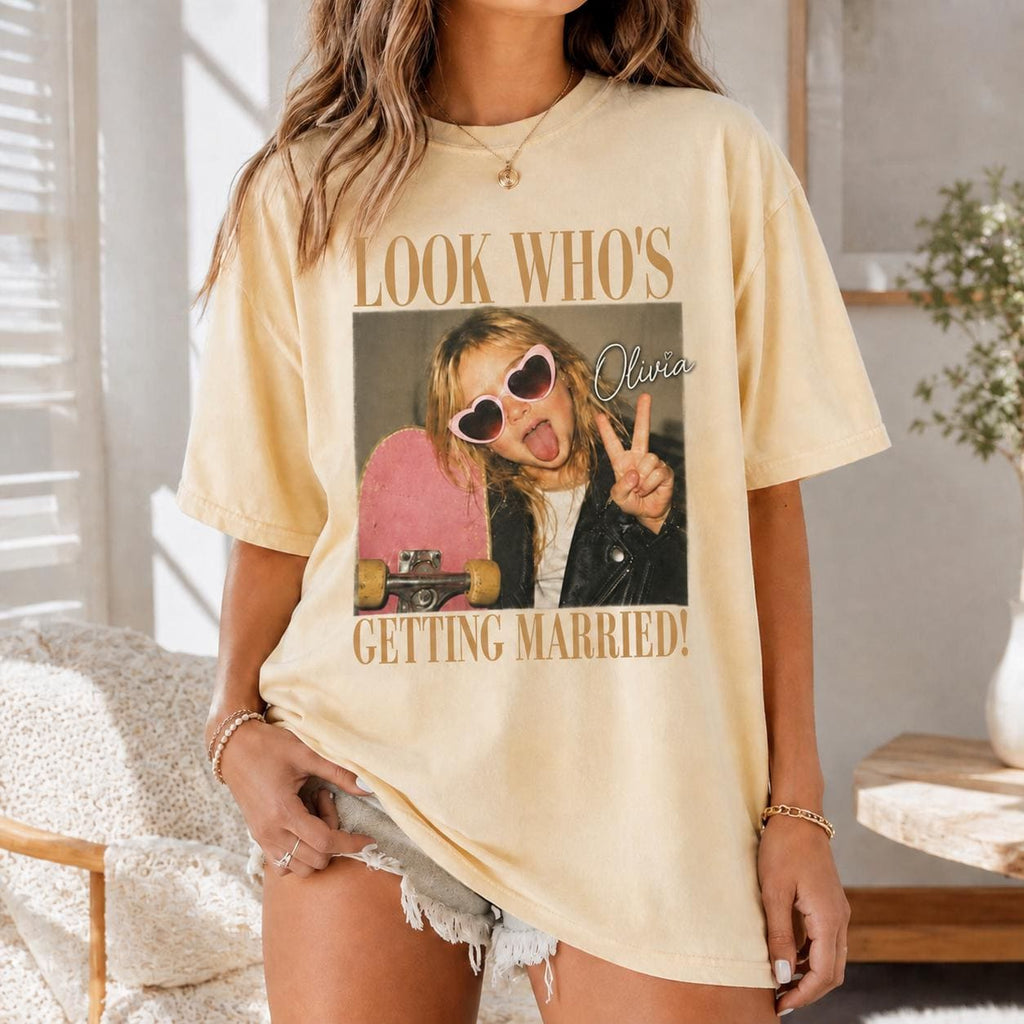 Personalized Look Who’s Getting Married Comfort Colors Shirt, Custom Bride Photo and Name Tee, Team Bride Shirt, Bridal Shower Gift
