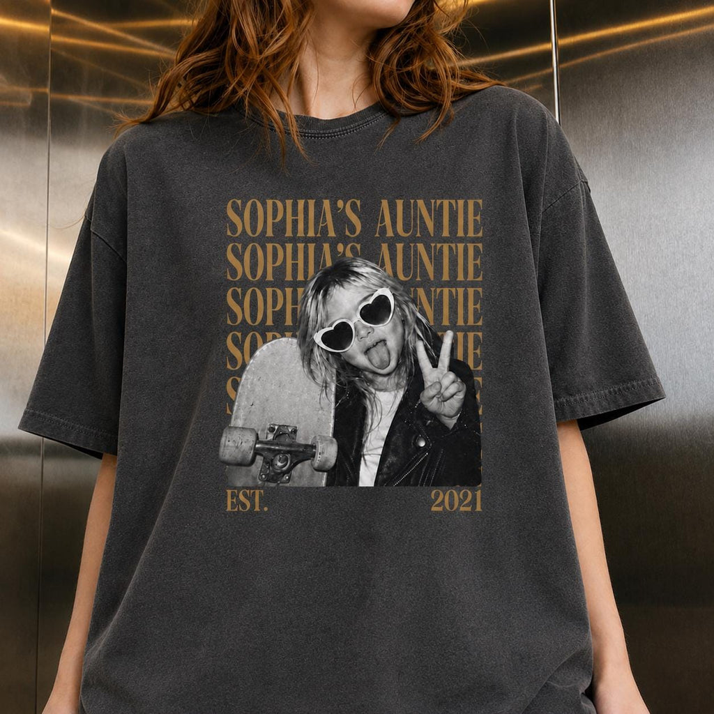 Personalized Vintage Auntie Tee with Name & Est Year, Custom Auntie Photo Shirt, Custom Picture T-Shirt, Gift for Aunt