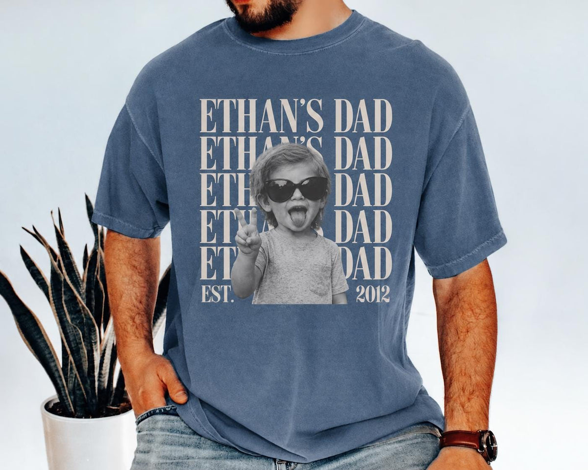 Personalized Dad Vintage Photo Comfort Colors Shirt, Custom Fathers Tee with Kids Photo, Best Dad Ever Gift