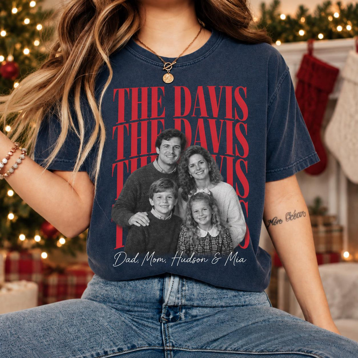 Personalized Family Christmas Photo Shirt, Custom Family Name Matching Holiday Tee, Retro Picture T-Shirt for Christmas Party