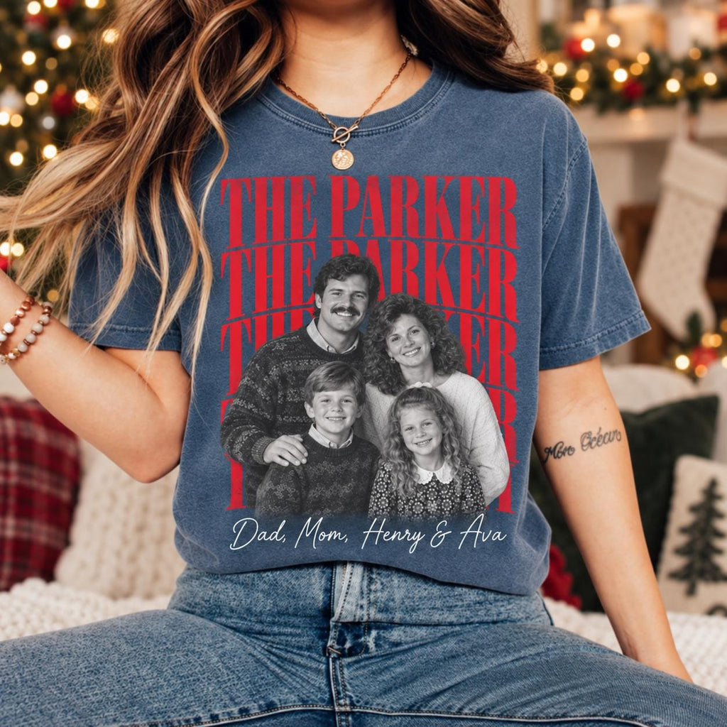 Personalized Family Christmas Photo Shirt, Custom Family Name Matching Holiday Tee, Retro Picture T-Shirt for Christmas Party