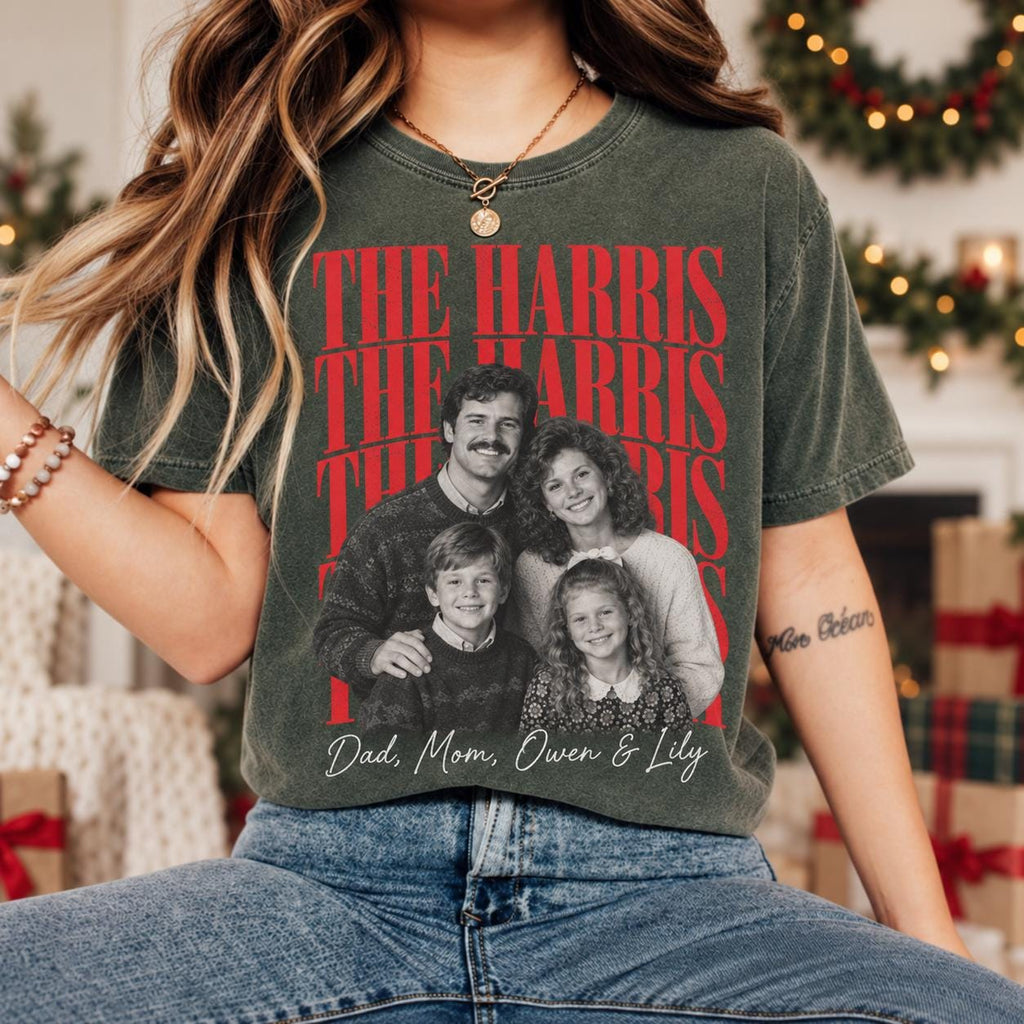 Personalized Family Christmas Photo Shirt, Custom Family Name Matching Holiday Tee, Retro Picture T-Shirt for Christmas Party