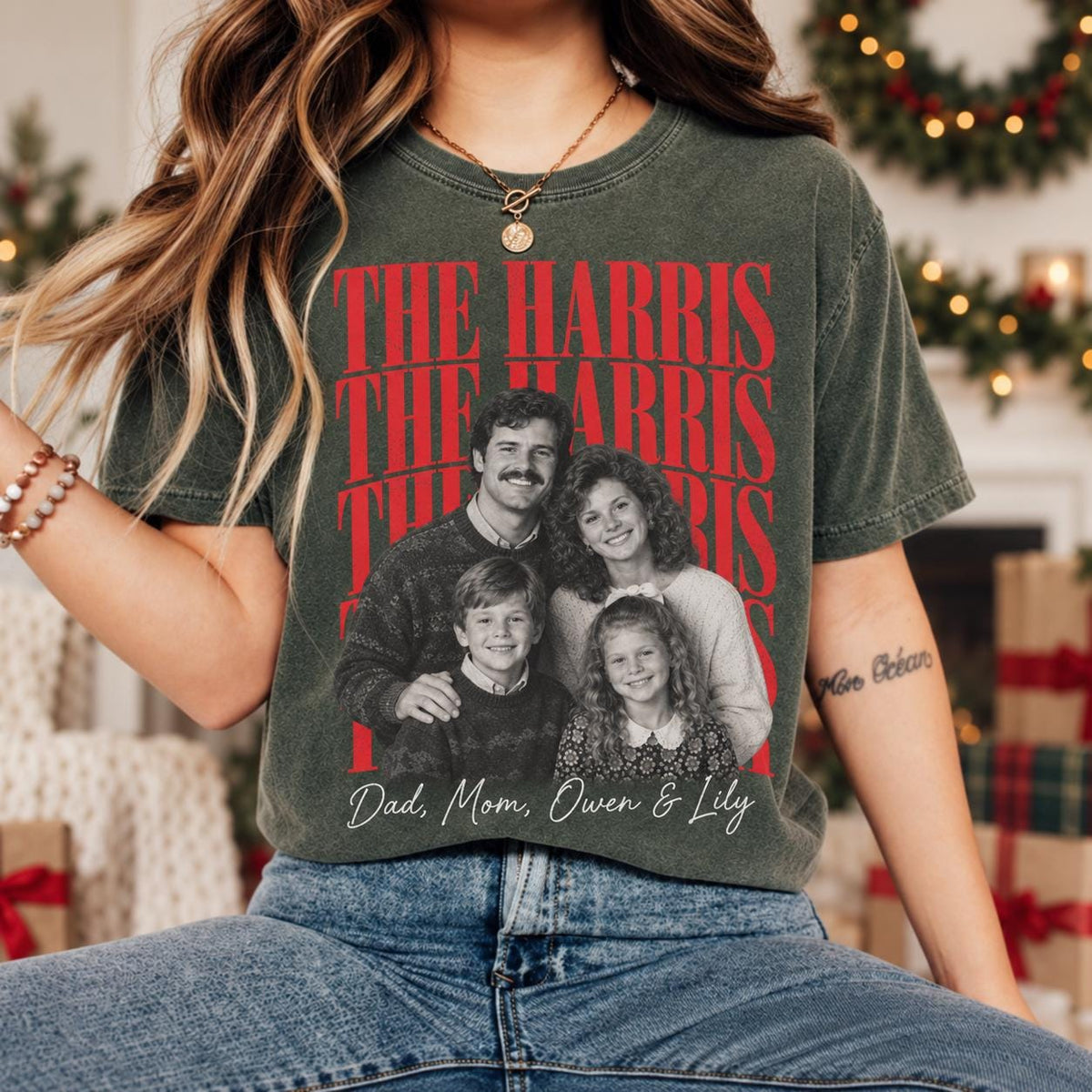 Personalized Family Christmas Photo Shirt, Custom Family Name Matching Holiday Tee, Retro Picture T-Shirt for Christmas Party