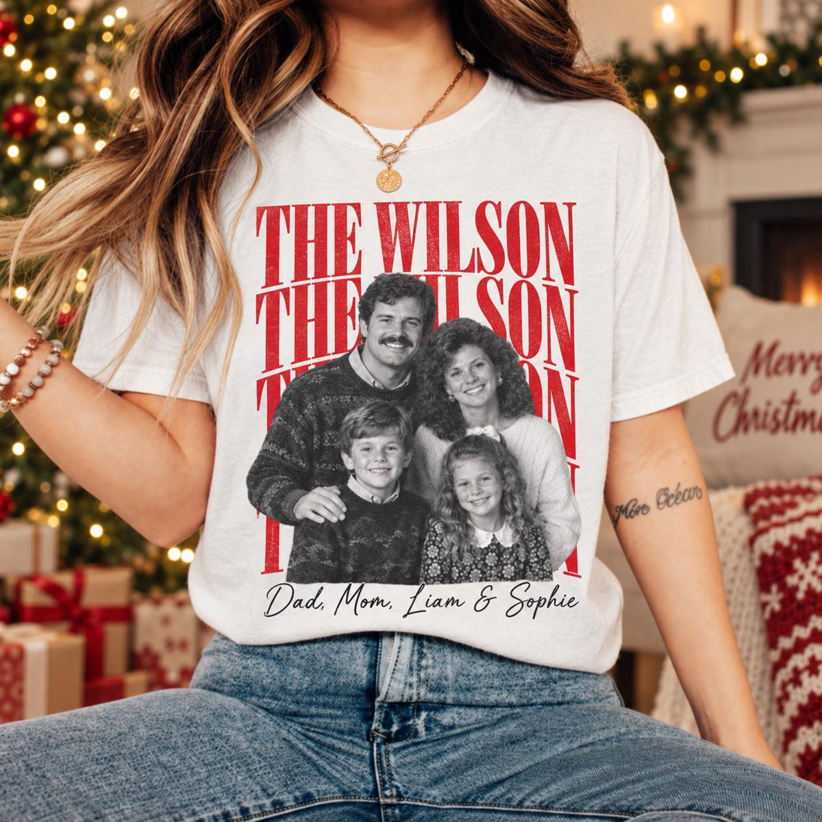 Personalized Family Christmas Photo Shirt, Custom Family Name Matching Holiday Tee, Retro Picture T-Shirt for Christmas Party