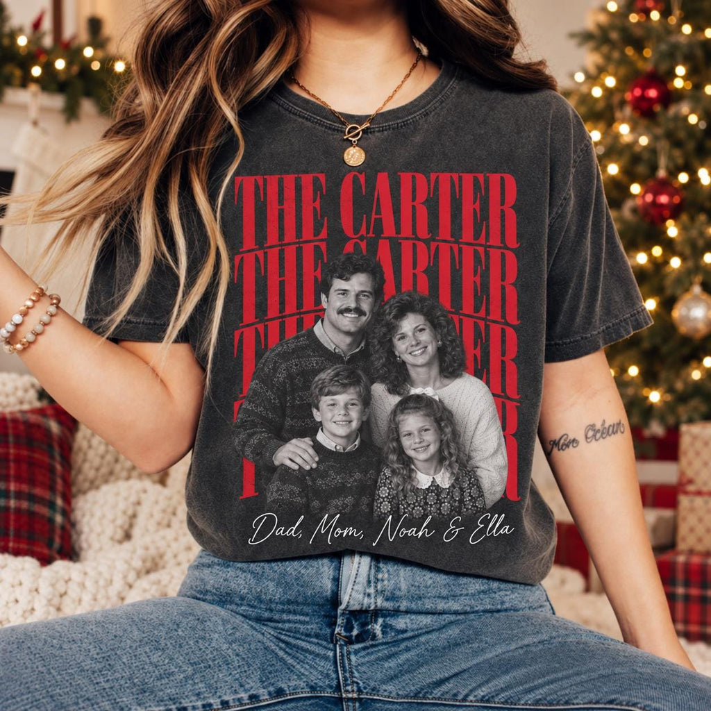 Personalized Family Christmas Photo Shirt, Custom Family Name Matching Holiday Tee, Retro Picture T-Shirt for Christmas Party