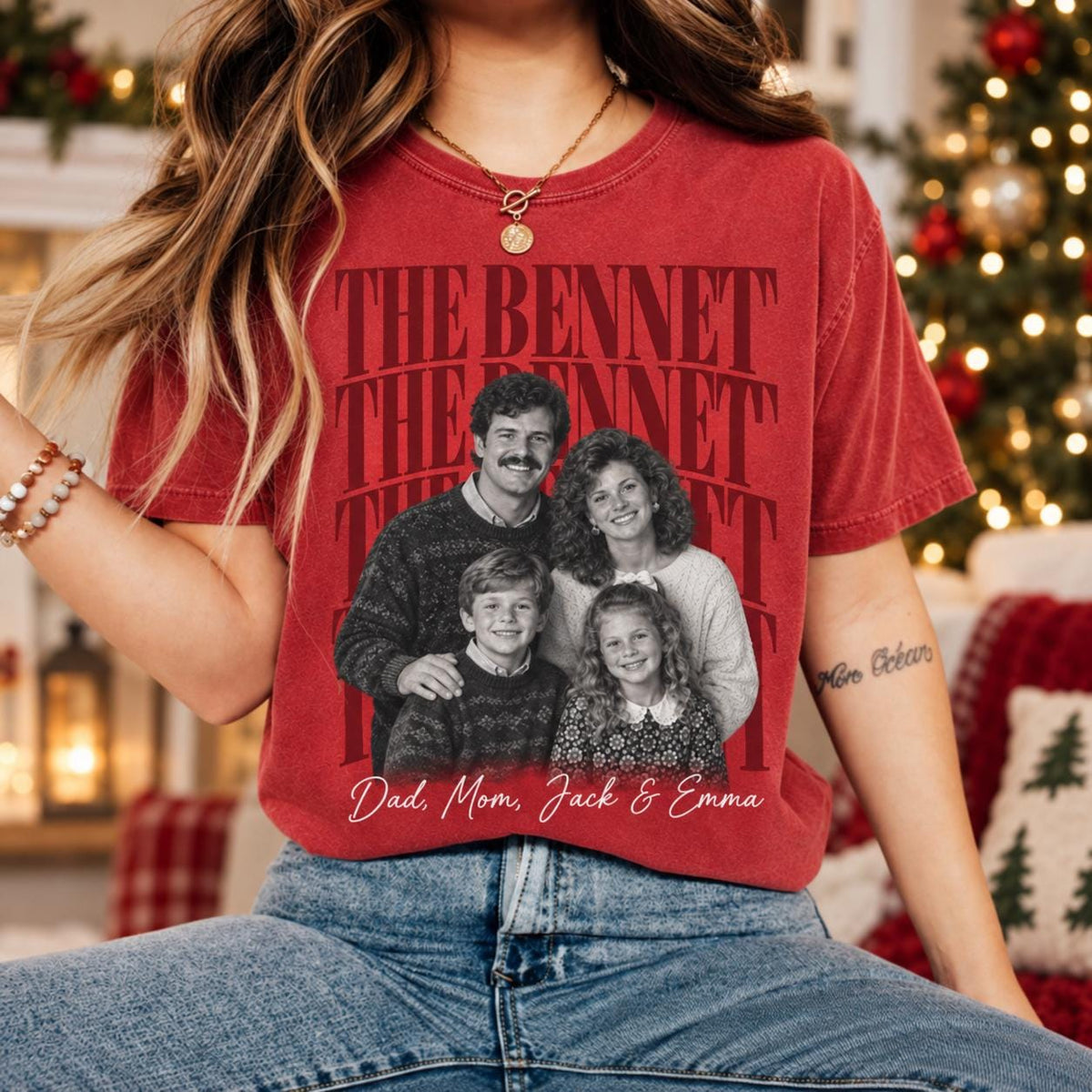 Personalized Family Christmas Photo Shirt, Custom Family Name Matching Holiday Tee, Retro Picture T-Shirt for Christmas Party
