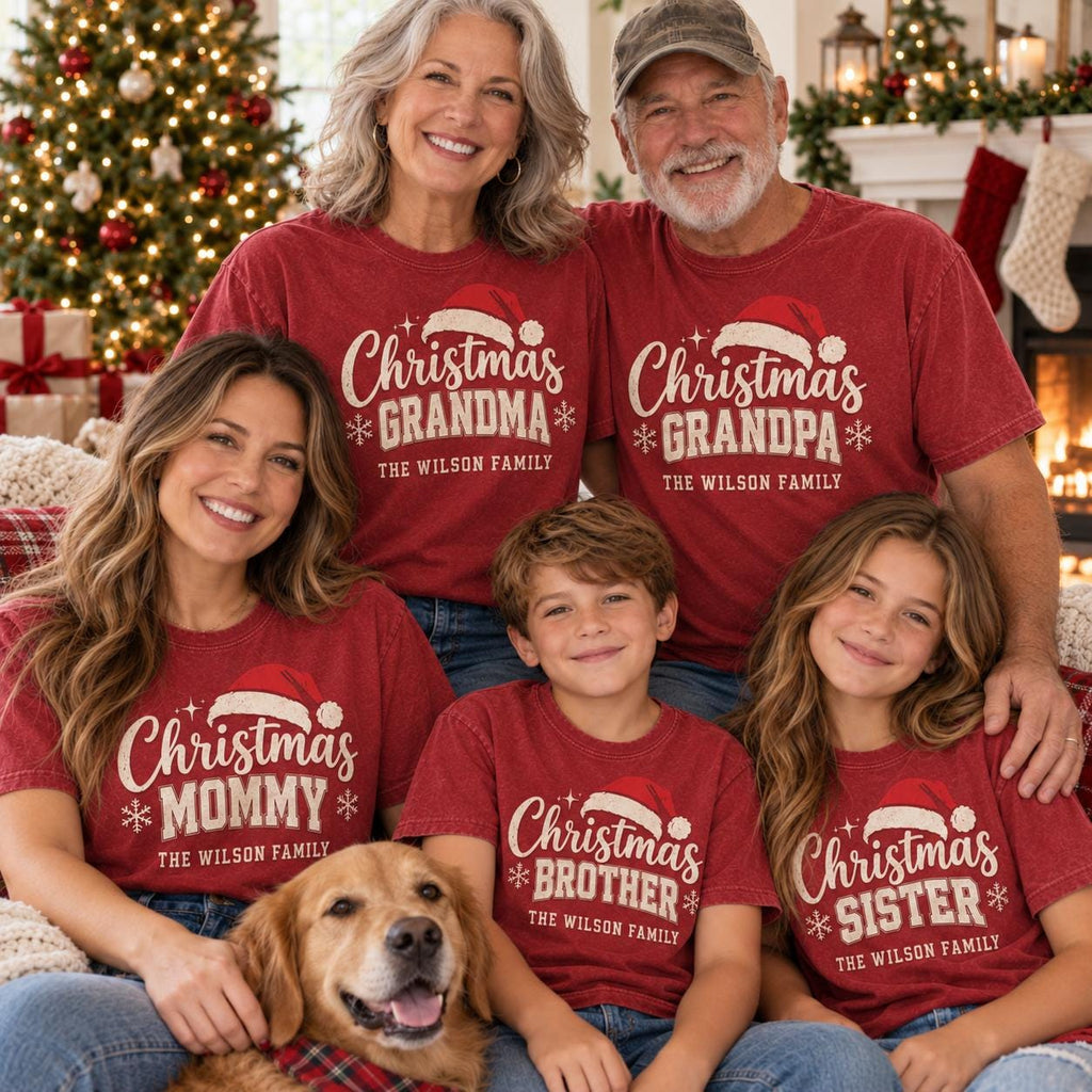 Custom Family Christmas Shirts, Personalized Christmas Grandma Grandpa Mommy Matching Tees, Family Name Holiday Crew T-Shirt Gift