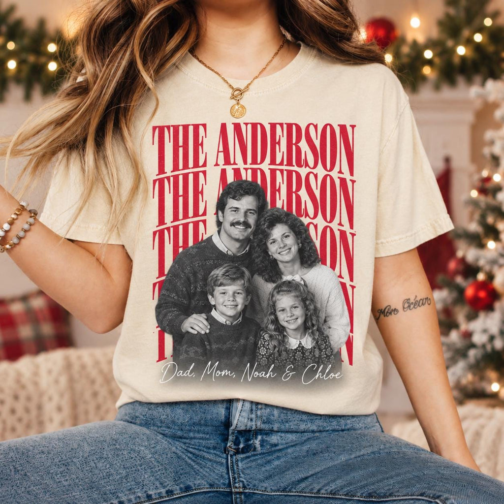 Personalized Family Christmas Photo Shirt, Custom Family Name Matching Holiday Tee, Retro Picture T-Shirt for Christmas Party