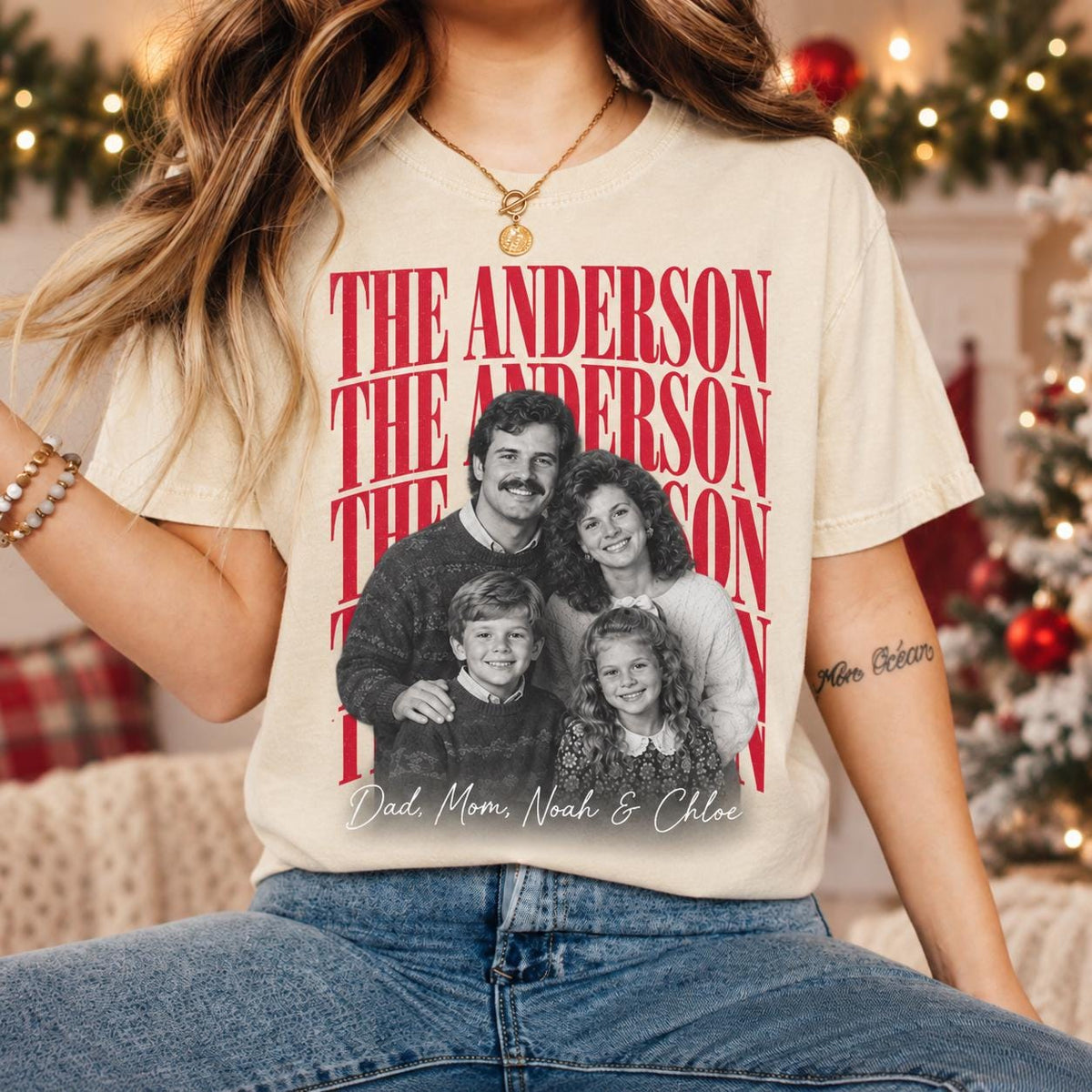 Personalized Family Christmas Photo Shirt, Custom Family Name Matching Holiday Tee, Retro Picture T-Shirt for Christmas Party