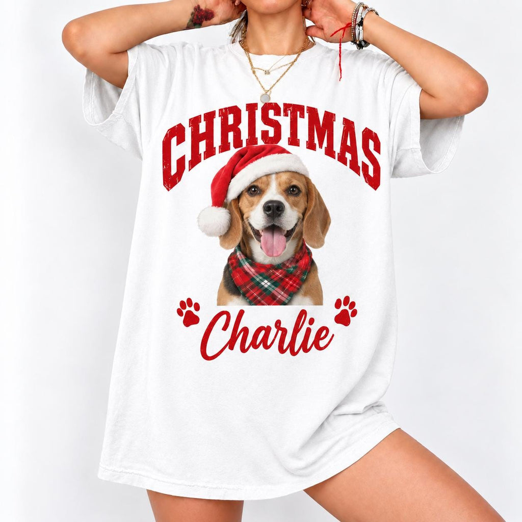 Custom Vintage Pet Christmas Tee, Personalized Pet Photo and Name Shirt, Dog Mom Cat Mom Gift, Holiday Pet Shirt