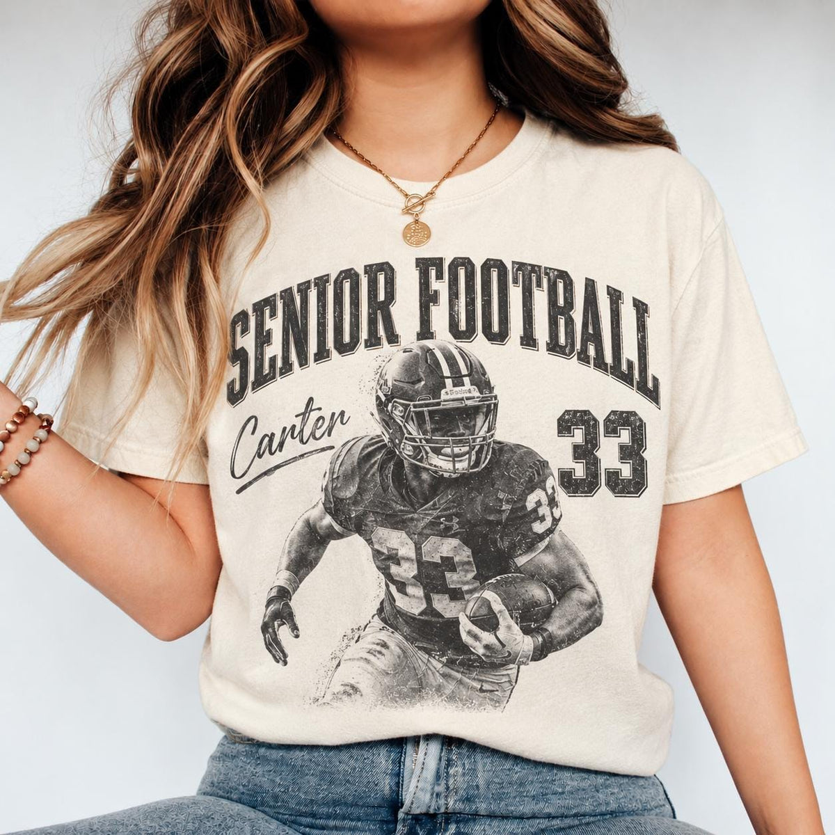Custom Vintage Senior Football Comfort Colors Shirt, Personalized Player Photo Tee with Name & Number, Football Mom Game Day Shirt
