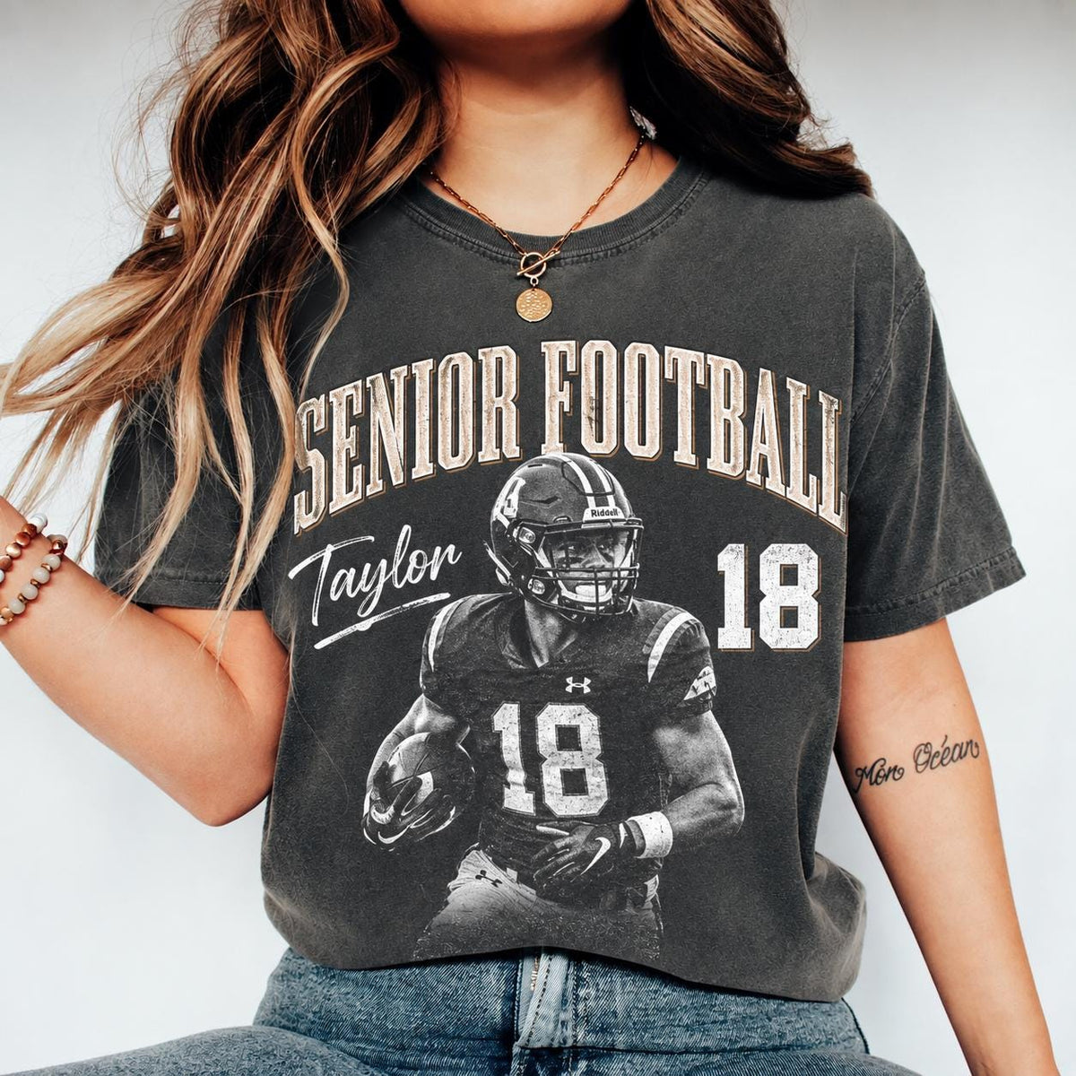 Custom Vintage Senior Football Comfort Colors Shirt, Personalized Player Photo Tee with Name & Number, Football Mom Game Day Shirt