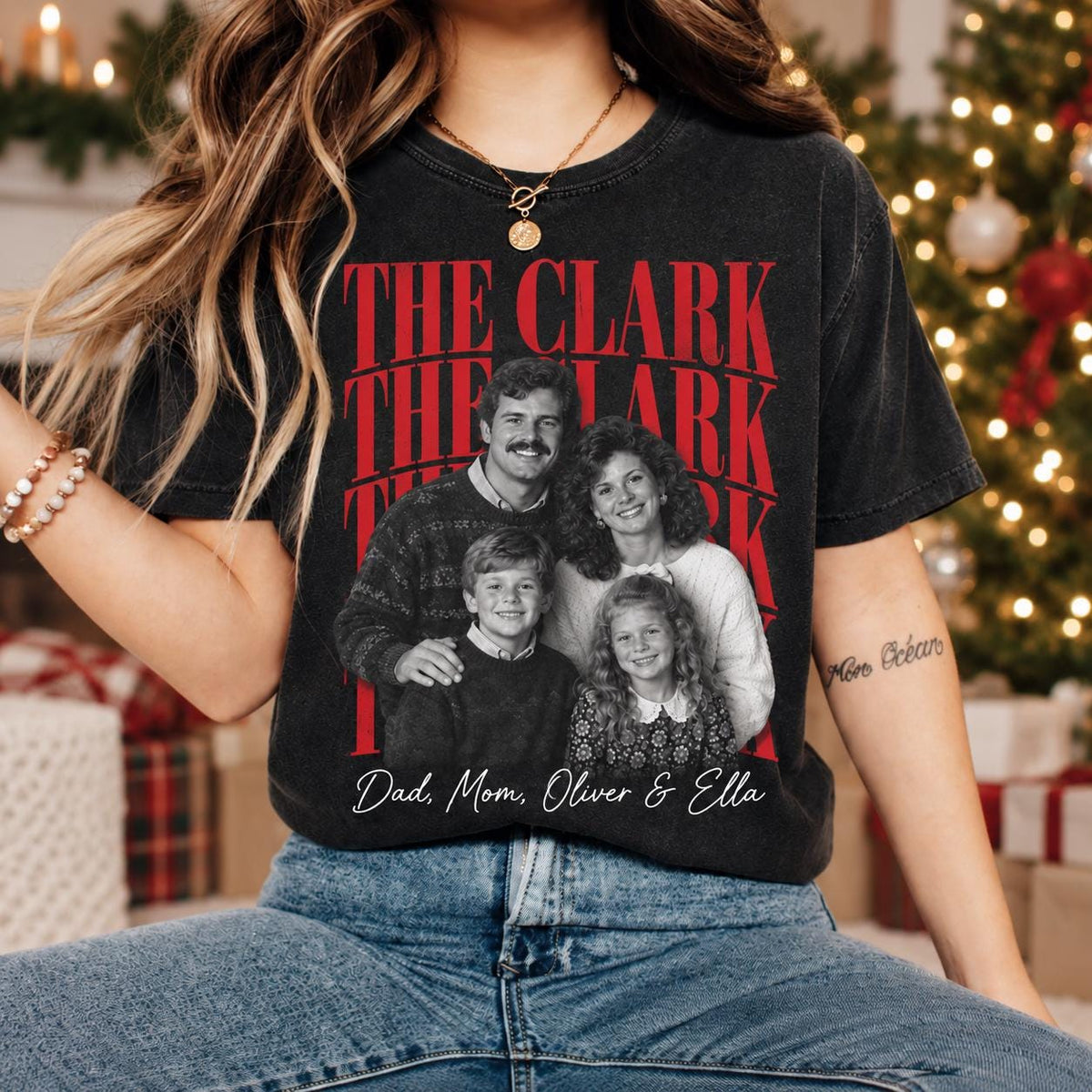 Personalized Family Christmas Photo Shirt, Custom Family Name Matching Holiday Tee, Retro Picture T-Shirt for Christmas Party