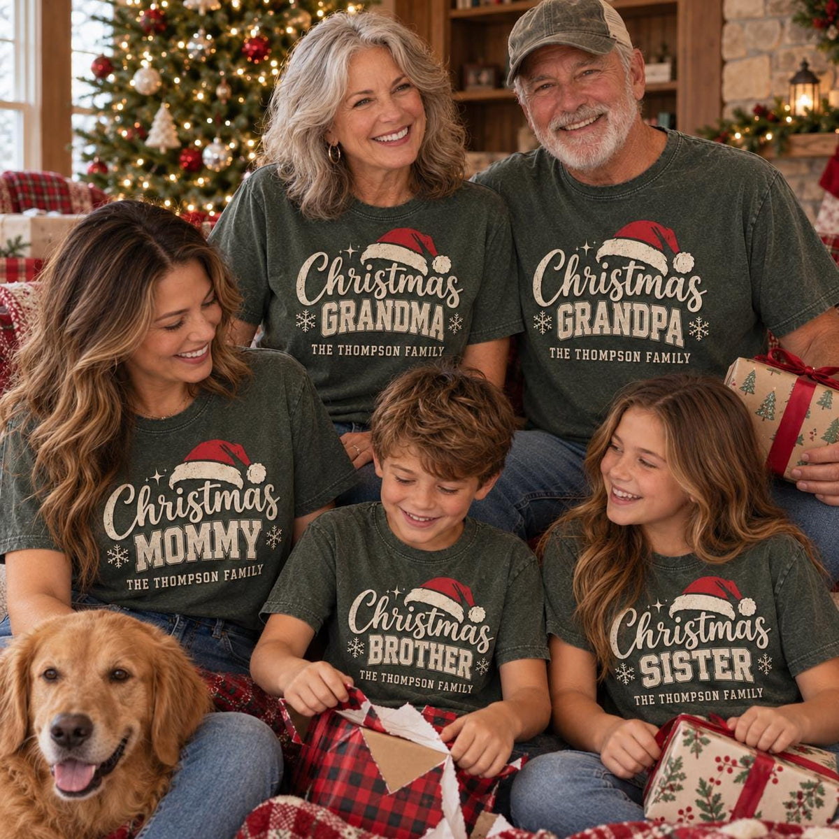 Custom Family Christmas Shirts, Personalized Christmas Grandma Grandpa Mommy Matching Tees, Family Name Holiday Crew T-Shirt Gift