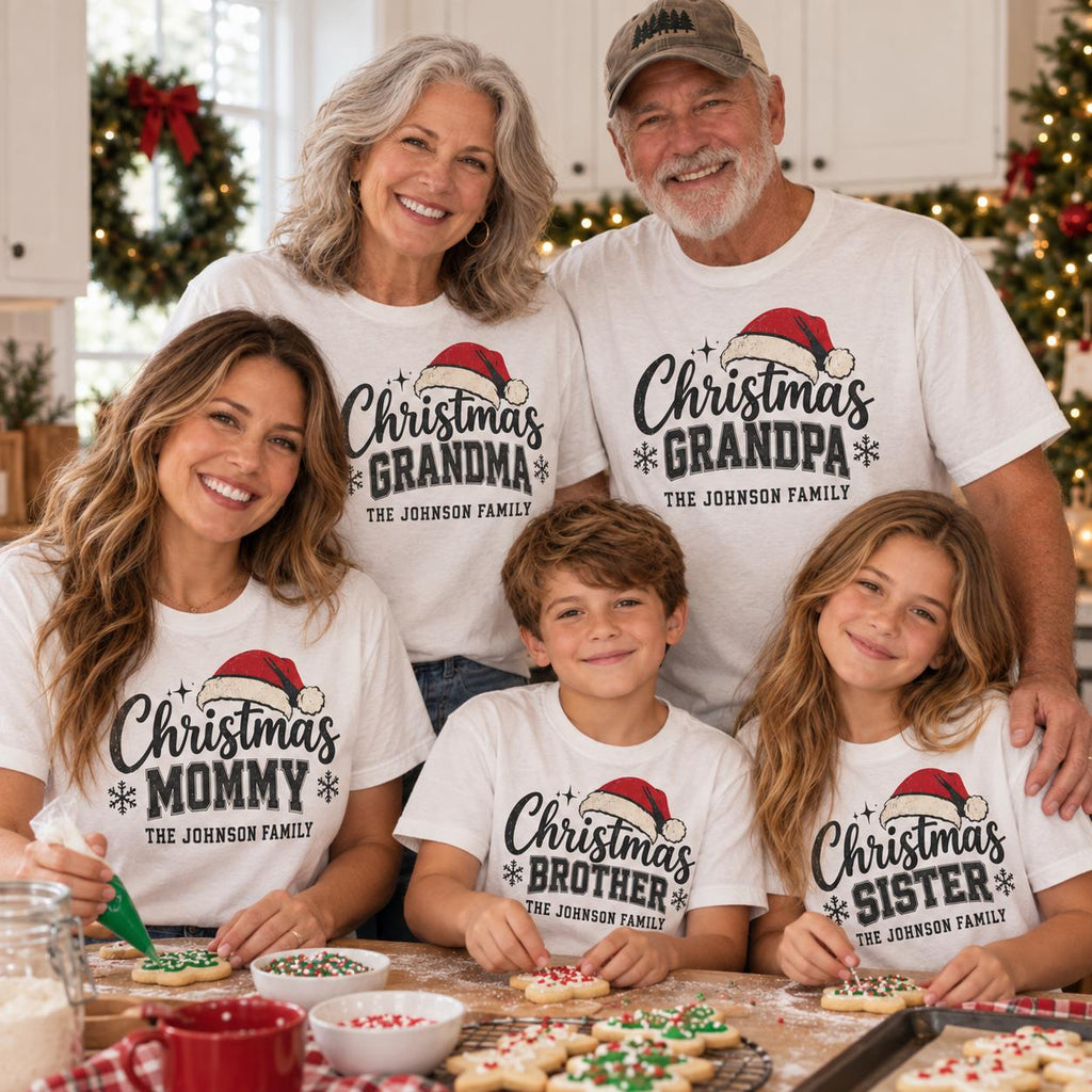 Custom Family Christmas Shirts, Personalized Christmas Grandma Grandpa Mommy Matching Tees, Family Name Holiday Crew T-Shirt Gift