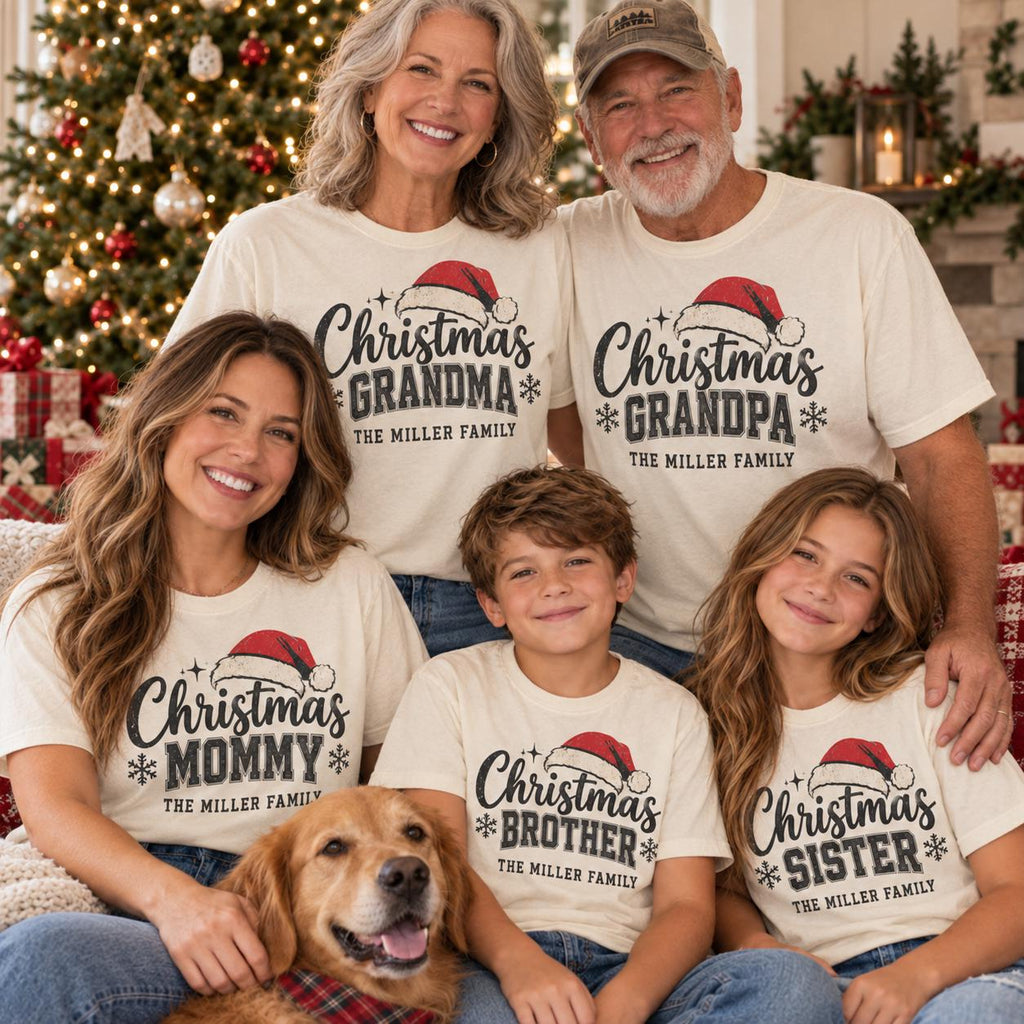 Matching Family Christmas Shirts, Personalized Grandma Grandpa Daddy Family Role Tees, Custom Name Christmas Crew Holiday Gift