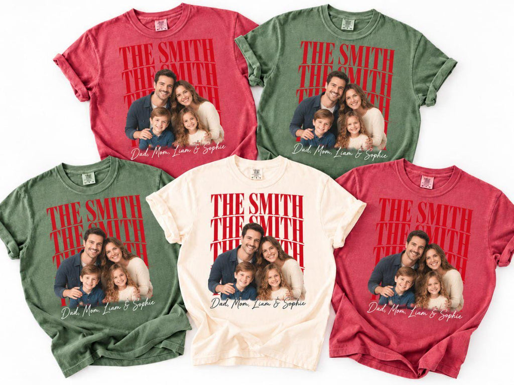 Personalized Family Christmas Photo Shirt, Custom Family Name Matching Holiday Tee, Retro Picture T-Shirt for Christmas Party