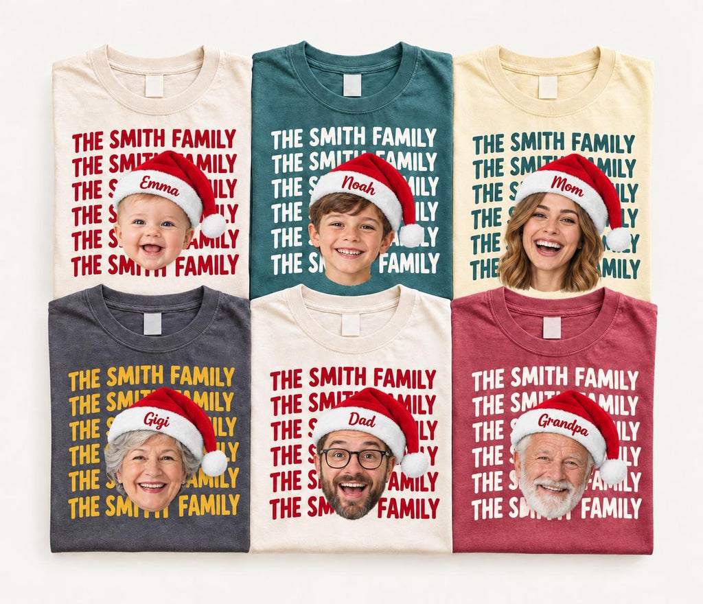 Personalized Family Christmas Comfort Colors Shirt, Custom Face + Name Christmas Crew Tee, Matching Family Holiday TShirt