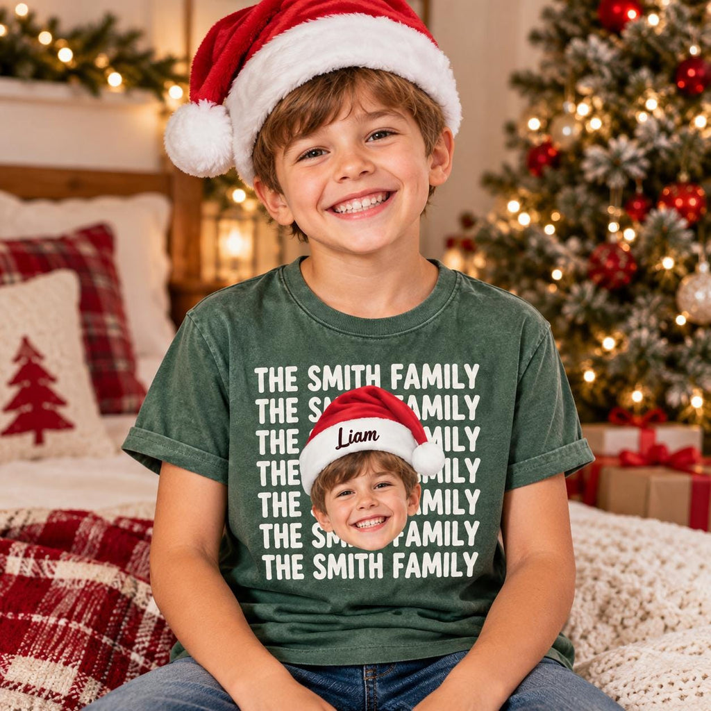 Personalized Family Christmas Comfort Colors Shirt, Custom Face + Name Christmas Crew Tee, Matching Family Holiday TShirt