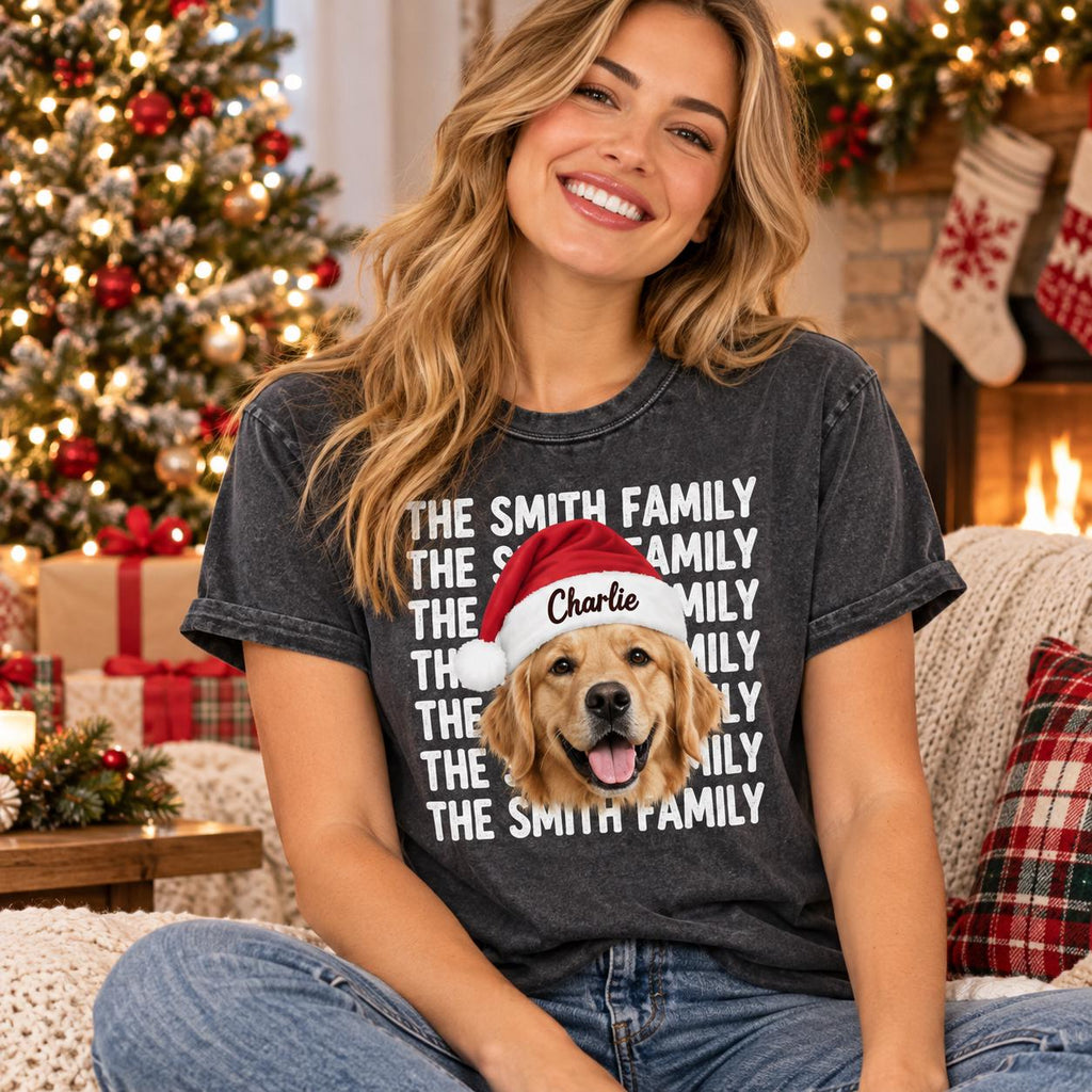 Personalized Family Christmas Comfort Colors Shirt, Custom Face + Name Christmas Crew Tee, Matching Family Holiday TShirt