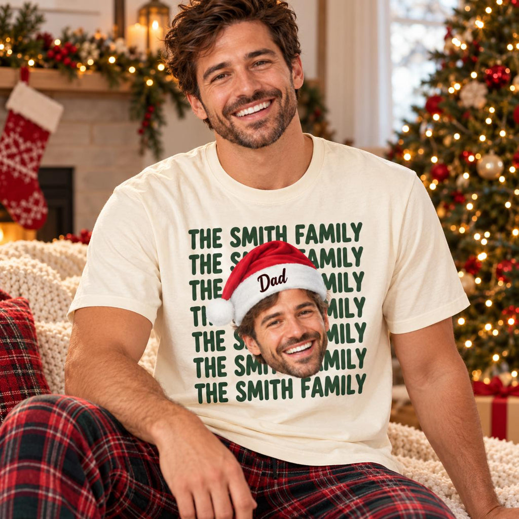 Personalized Family Christmas Comfort Colors Shirt, Custom Face + Name Christmas Crew Tee, Matching Family Holiday TShirt