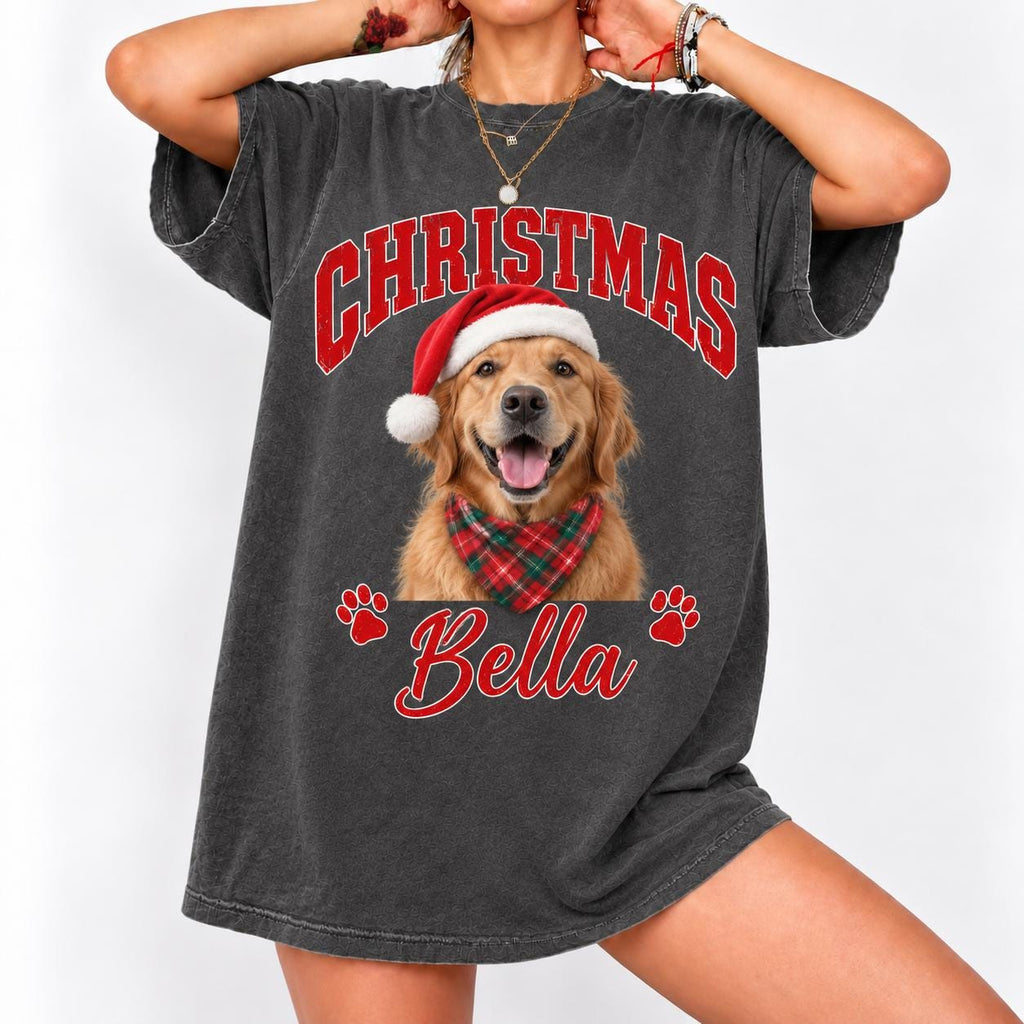 Custom Vintage Pet Christmas Tee, Personalized Pet Photo and Name Shirt, Dog Mom Cat Mom Gift, Holiday Pet Shirt
