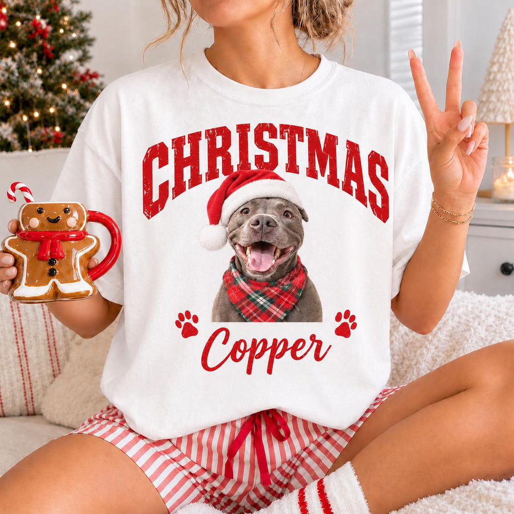 Custom Vintage Pet Christmas Tee, Personalized Pet Photo and Name Shirt, Dog Mom Cat Mom Gift, Holiday Pet Shirt