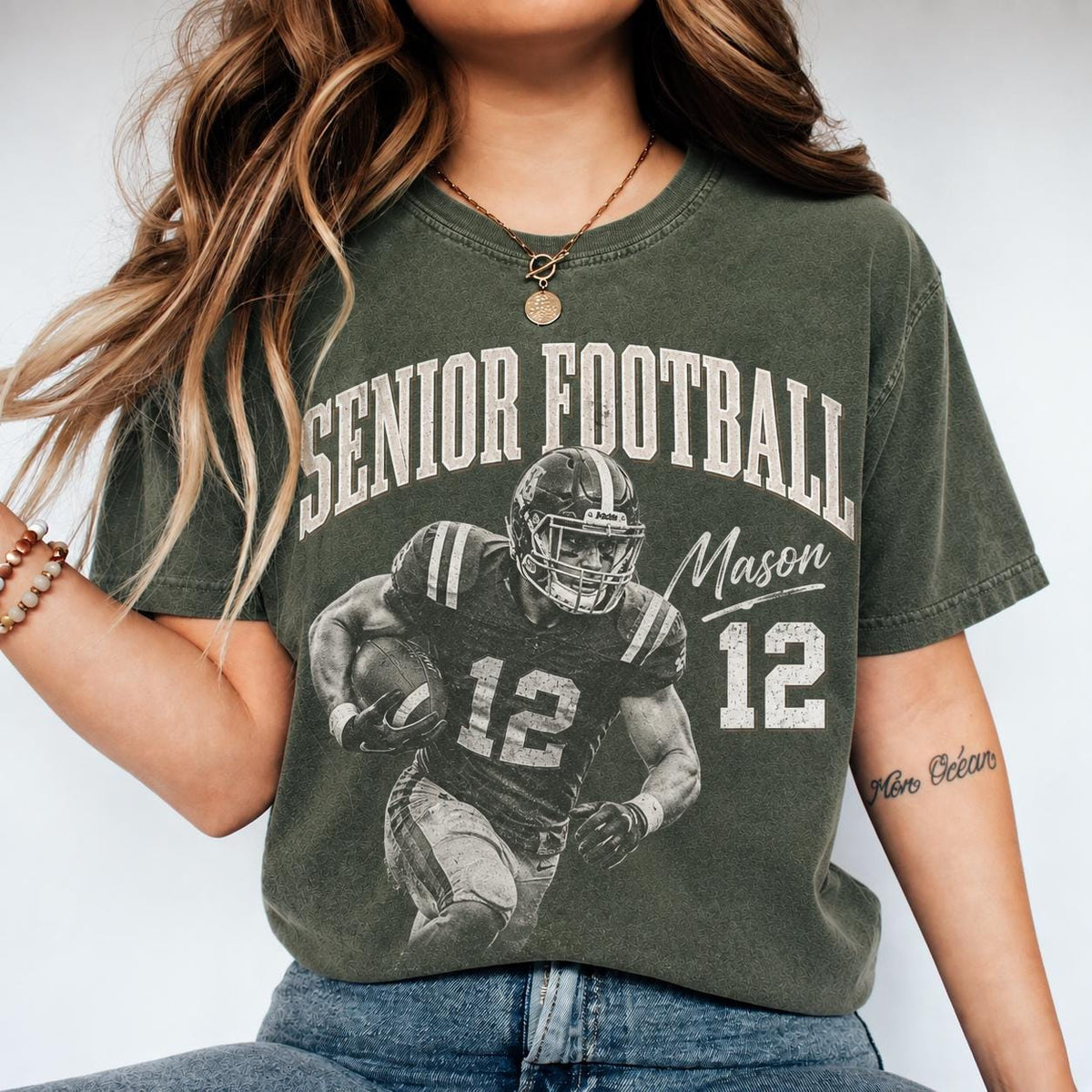 Custom Vintage Senior Football Comfort Colors Shirt, Personalized Player Photo Tee with Name & Number, Football Mom Game Day Shirt