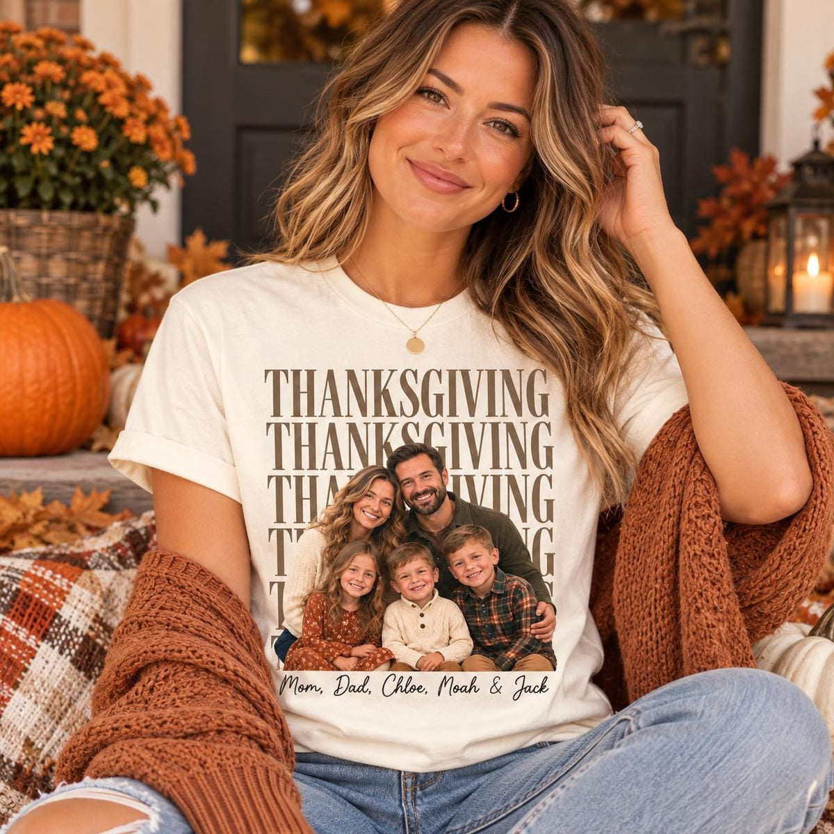 Custom Family Photo + Name Thanksgiving Comfort Colors Shirt, Personalized Matching Tee, Family Holiday Party Outfit, Thankful Tee