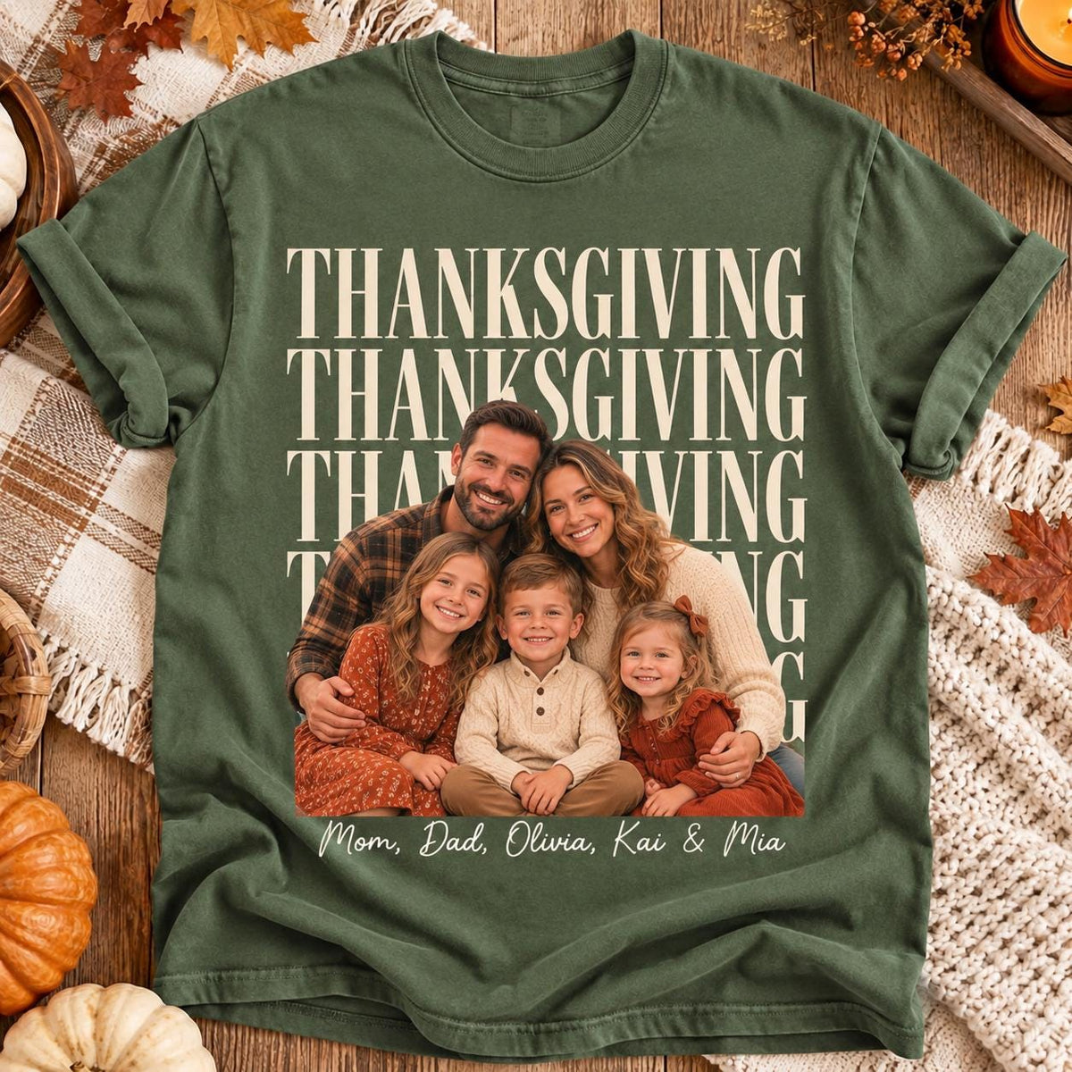 Custom Family Photo + Name Thanksgiving Comfort Colors Shirt, Personalized Matching Tee, Family Holiday Party Outfit, Thankful Tee