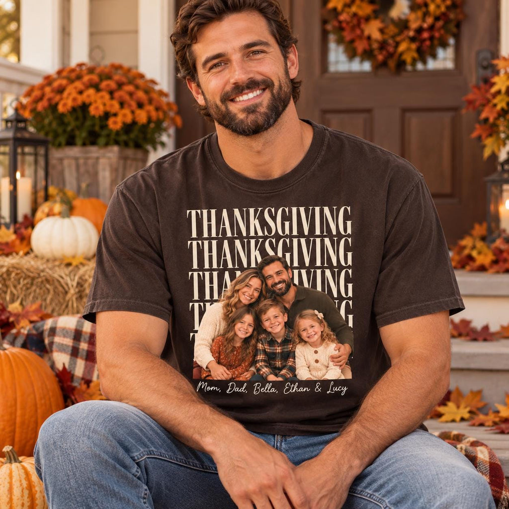 Custom Family Photo + Name Thanksgiving Comfort Colors Shirt, Personalized Matching Tee, Family Holiday Party Outfit, Thankful Tee