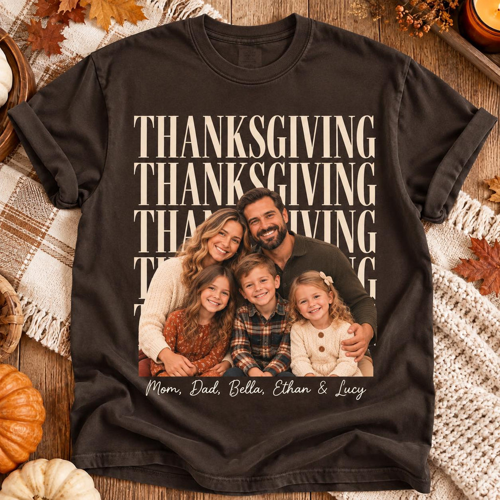 Custom Family Photo + Name Thanksgiving Comfort Colors Shirt, Personalized Matching Tee, Family Holiday Party Outfit, Thankful Tee