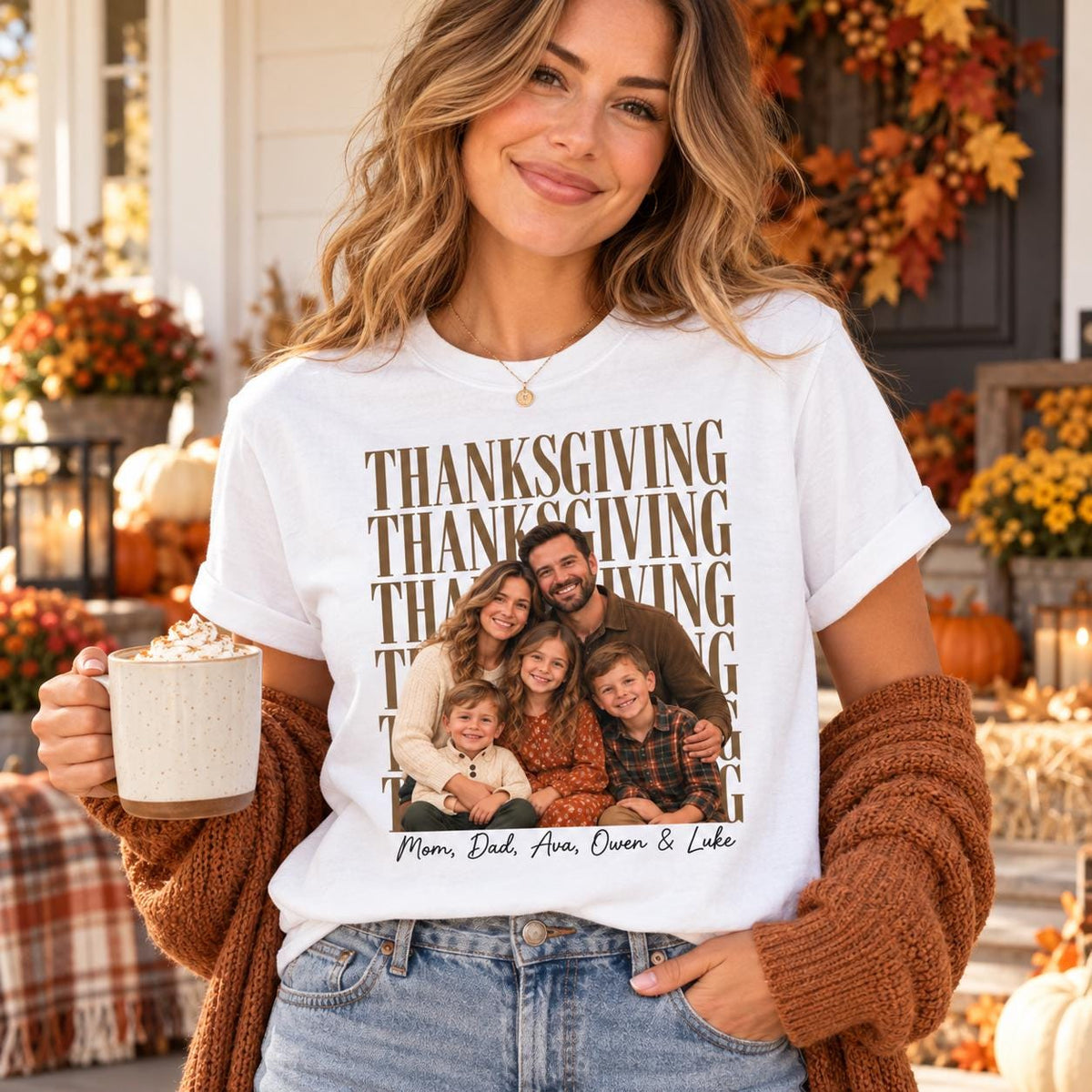 Custom Family Photo + Name Thanksgiving Comfort Colors Shirt, Personalized Matching Tee, Family Holiday Party Outfit, Thankful Tee
