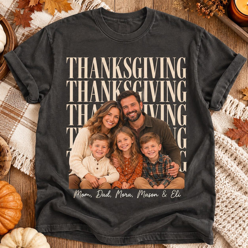 Custom Family Photo + Name Thanksgiving Comfort Colors Shirt, Personalized Matching Tee, Family Holiday Party Outfit, Thankful Tee
