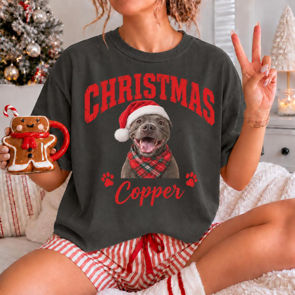 Custom Vintage Pet Christmas Tee, Personalized Pet Photo and Name Shirt, Dog Mom Cat Mom Gift, Holiday Pet Shirt