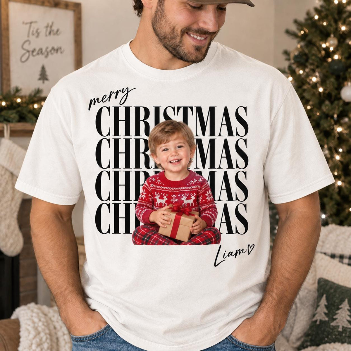 Custom Family Vintage Photo Comfort Colors Christmas Shirt, Personalized Family Name Matching Tee, Holiday Party Outfit 2026