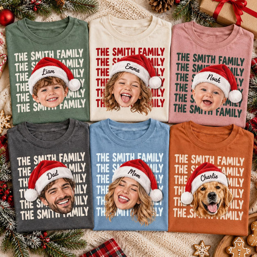 Personalized Family Christmas Comfort Colors Shirt, Custom Face + Name Christmas Crew Tee, Matching Family Holiday TShirt