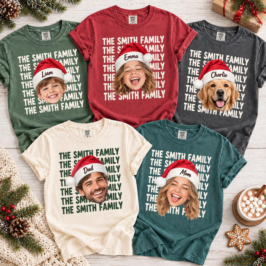 Personalized Family Christmas Comfort Colors Shirt, Custom Face + Name Christmas Crew Tee, Matching Family Holiday TShirt