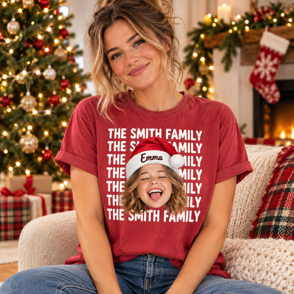 Personalized Family Christmas Comfort Colors Shirt, Custom Face + Name Christmas Crew Tee, Matching Family Holiday TShirt