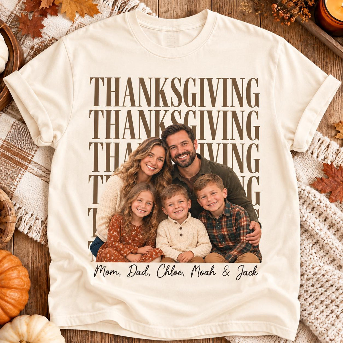 Custom Family Photo + Name Thanksgiving Comfort Colors Shirt, Personalized Matching Tee, Family Holiday Party Outfit, Thankful Tee